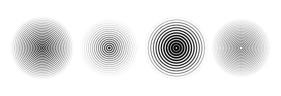 Black concentric circle set. Sonar or sound wave ring collection. Halftone and Stock Illustration