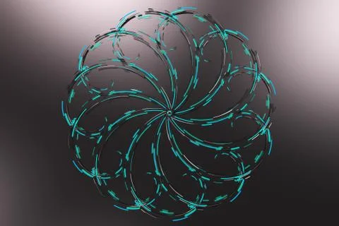 Black concentric spiral flower shape with blue glowing elements on black ba.. Illustrazione stock