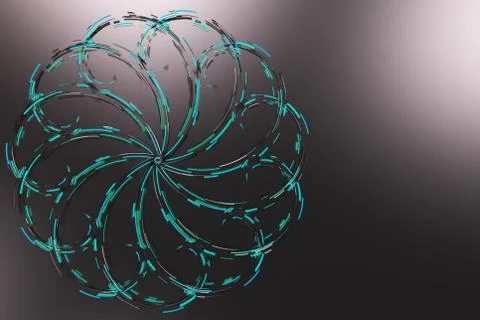 Black concentric spiral flower shape with blue glowing elements on black ba.. Illustrazione stock