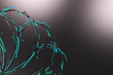 Black concentric spiral flower shape with blue glowing elements on black ba.. Illustrazione stock