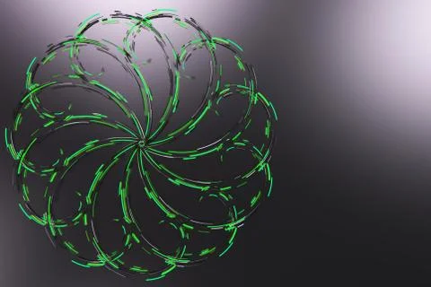 Black concentric spiral flower shape with green glowing elements on black b.. Stock Illustration