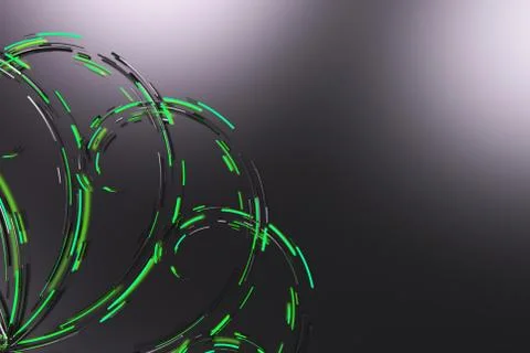 Black concentric spiral flower shape with green glowing elements on black b.. Illustrazione stock