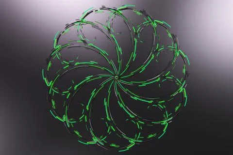 Black concentric spiral flower shape with green glowing elements on black b.. Illustrazione stock