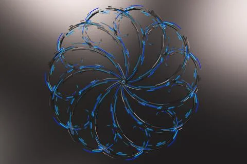 Black concentric spiral flower shape with blue glowing elements on black ba.. Stock Illustration