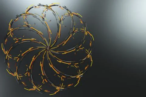 Black concentric spiral flower shape with orange glowing elements on black .. Illustrazione stock