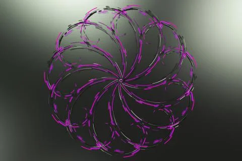 Black concentric spiral flower shape with violet glowing elements on black .. イラスト素材