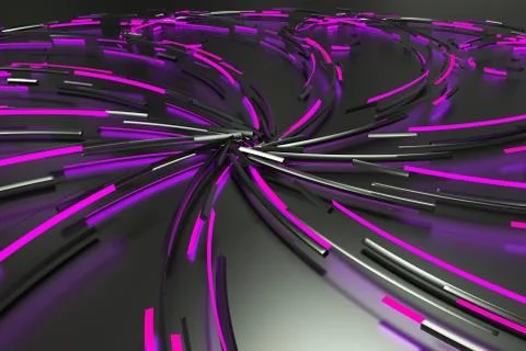 Black concentric spiral flower shape with violet glowing elements on black .. Stock Illustration