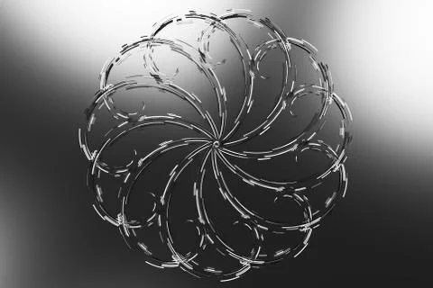 Black concentric spiral flower shape with white glowing elements on black b.. Stockillustratie