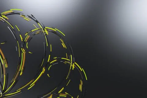 Black concentric spiral flower shape with yellow glowing elements on black .. Stock Illustration