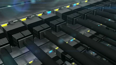Black connectors plugged in to network switch loop Stock Footage 89546181