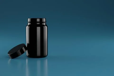 Black container for tablets, pills on a blue background. Place for text. Stock Illustration