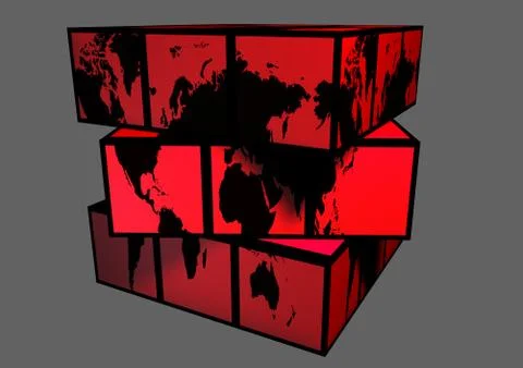 Black Continents Electric Red Globe as Cube World Map Stock Illustration