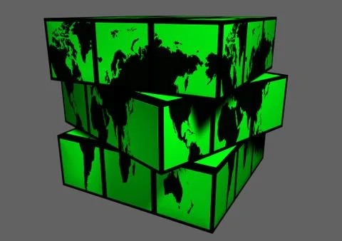 Black Continents Green Warm Globe as Cube World Map Stock Illustration