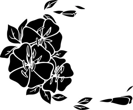 Black contour drawing of two large flowers with leaves Stock Illustration