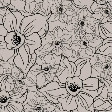Black contour floral seamless pattern with hand drawing flowers Stock Illustration