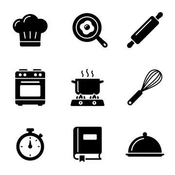 Black cooking icon set featuring chef hat, frying pan, rolling pin, oven, s.. Иллюстрация