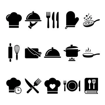 Black cooking icon set including chef hat, oven mitt, frying pan, cutlery, .. Иллюстрация