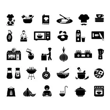 Black Cooking Icon Set. Vector Illustrations: Recipe, Chef, Ingredients, Fo.. Stock Illustration