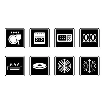 Black Cookware Signs. Kitchenware Labels. Safe to Wash in: Dishwasher, Oven.. Stock Illustration