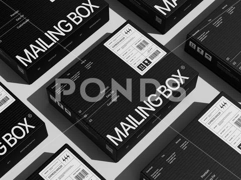 Black Corrugated Mailing Box Packaging Mockup Set with Shipping Labels Modello PSD
