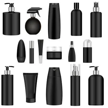 Black cosmetics bottle set. 3d mock-up package. Stock Illustration