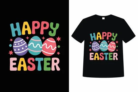 Black cotton tee with colorful easter bunny and "happy easter" text t-shirt.. Stock Illustration