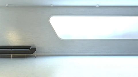 Black couch in interrior wall window copyspace (hitech interior series) Illustrazione stock