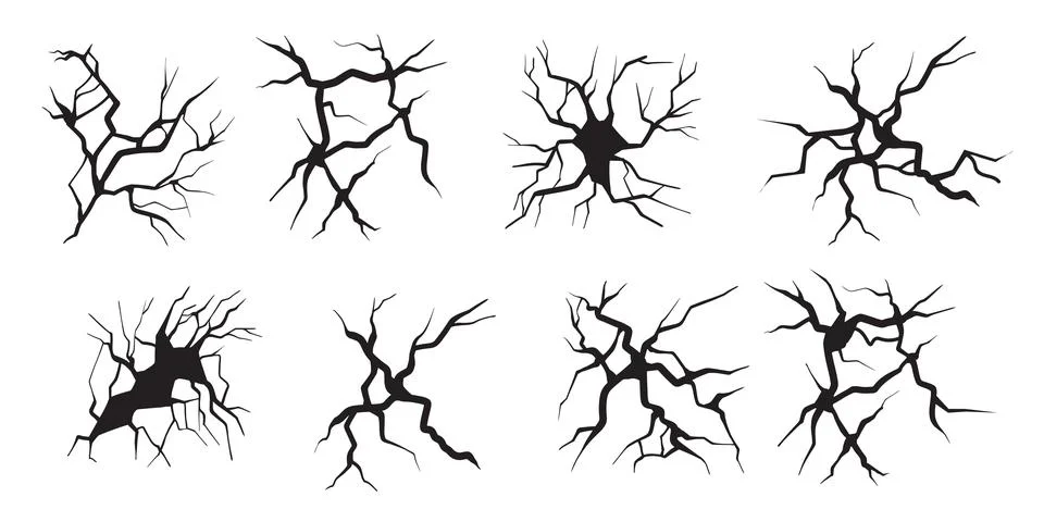 Black crack set, vector broken floor texture earthquake ground crash on white イラスト素材