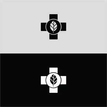 A black cross contains a single leaf within its central circle. Stock-Illustration