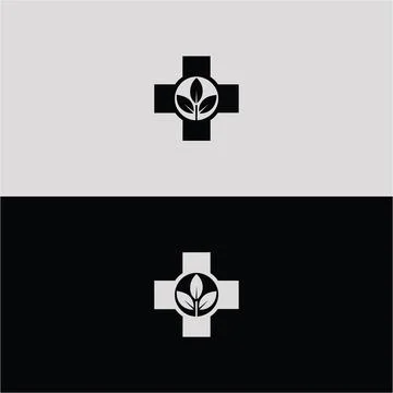 A black cross with a leaf inside a circle sits atop a gray background. Stock-Illustration
