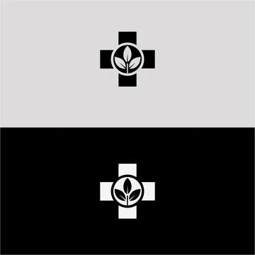 A black cross with a leaf within a circle is shown on two backgrounds. Иллюстрация