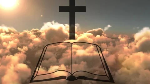 Black cross over open book static while sun rising, clouds drifting, flares Stock Footage 321318785