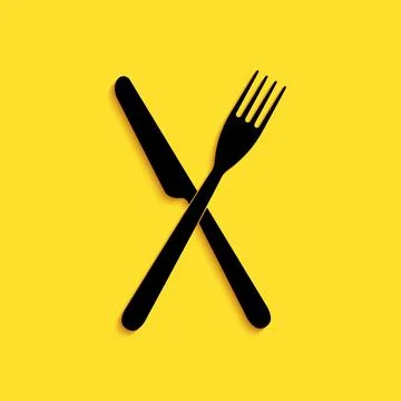 Black Crossed fork and knife icon isolated on yellow background. Restaurant icon Stock Illustration