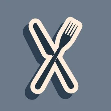 Black Crossed fork and knife icon isolated on grey background. Restaurant icon Illustrazione stock