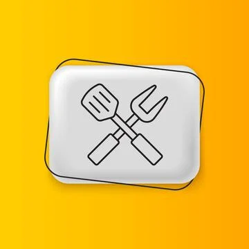 Black Crossed fork and spatula icon isolated on yellow background. BBQ fork.. Stock Illustration
