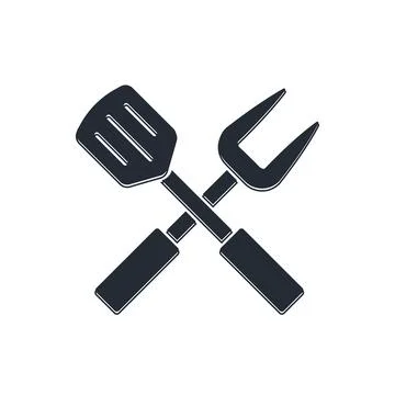 Black Crossed fork and spatula icon isolated on white background. BBQ fork .. Stock Illustration