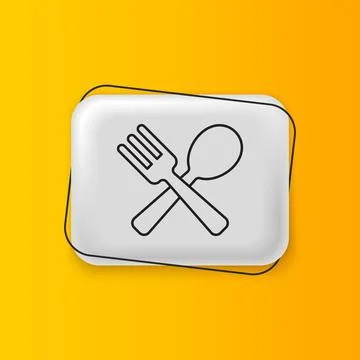 Black Crossed fork and spoon icon isolated on yellow background. Cooking ut.. Stock Illustration