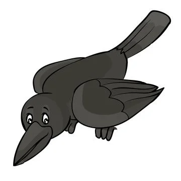 Black crow looks down with interest, cartoon illustration, isolated object on Stock Illustration