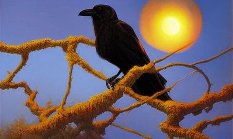 A black crow perched on a branch Stock Illustration
