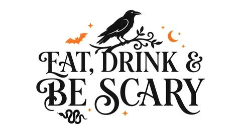 Black crow perched on decorative branch with spooky text Stock Illustration