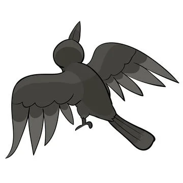 Black crow sitting with its back to us spreading its wings, cartoon illustrat Stock Illustration