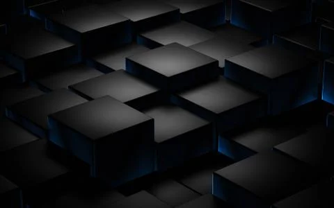 Black cube abstract texture with blue low key lighting background 3d Stock Illustration