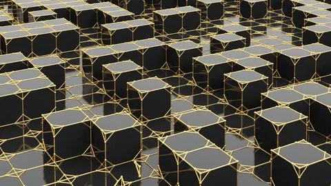 Black cubes with golden edges 3d rendering. Luxurious golden cube pattern Illustrazione stock