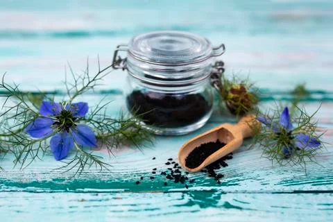 Black cumin flowers and seeds on a wooden background. Stock Photos