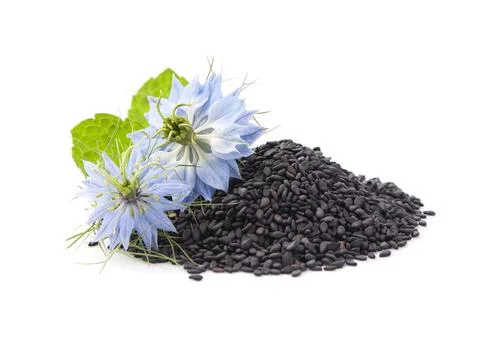 Black cumin seed with flowers Stock Photos