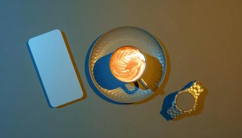 Black cup of coffee on a black background in blue and yellow lightingnear a s Stock Illustration