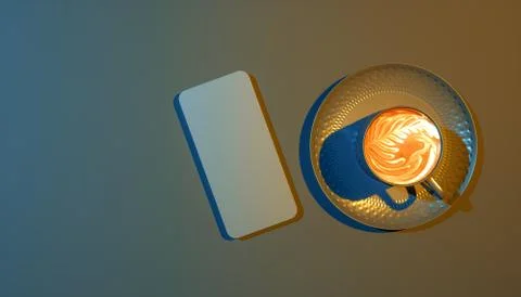 Black cup of coffee on a black background in blue and yellow lightingnear a s Stock Illustration