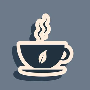 Black Cup of tea and leaf icon isolated on grey background. Long shadow style Stock Illustration