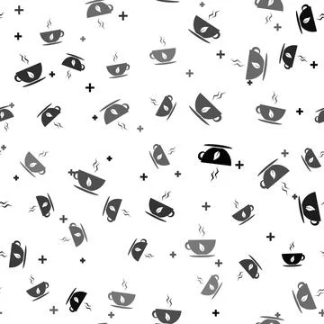 Black Cup of tea and leaf icon isolated seamless pattern on white background Illustrazione stock