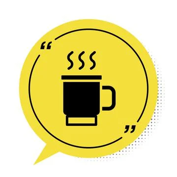 Black Cup of tea icon isolated on white background. Yellow speech bubble symbol Stock Illustration
